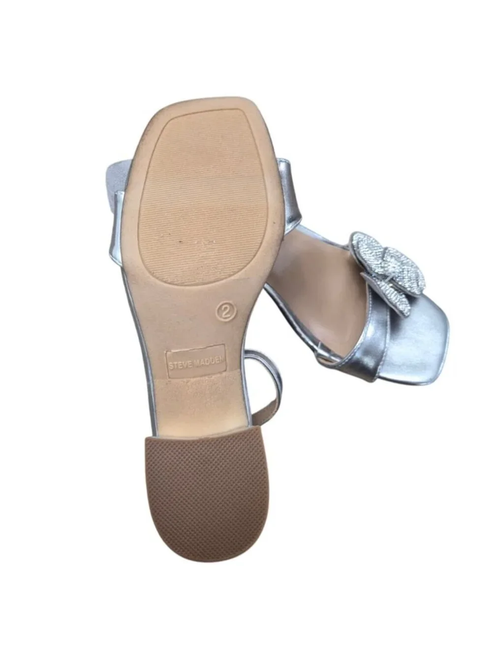 Steve Madden Silver Rhinestone Bow Dress Sandals Block Heel Ankle Strap (2).